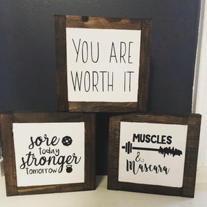 Muscles & Mascara, Small Wood Signs, Workout Decor, Fitness Humor, Home Gym, Bog Road Designs